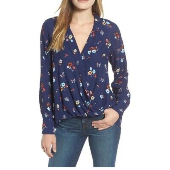 draped boho Blouse Long sleeve high-low Navy Floral semi-sheer Top size medium - Picture 1 of 9